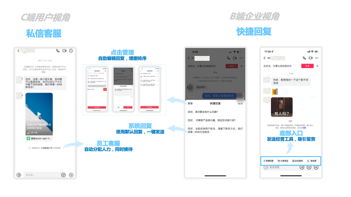 企业可以开通并切换为客服模式，同时手动配置快捷回复，让人工回复更快速、更省力。