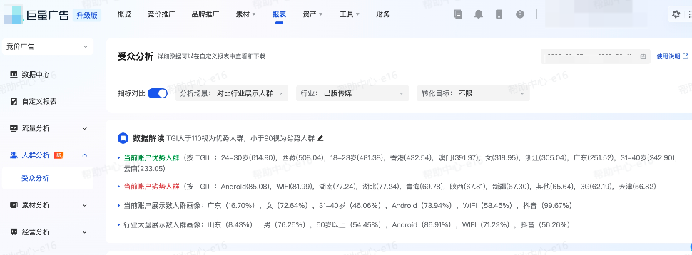 抖音广告【受众分析】产品功能：对比行业展示人群